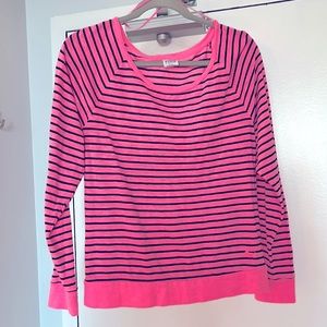 PINK Long Sleeve Henley Neon Pink Blk Stripes. Soft Cotton/Polyester Sz M